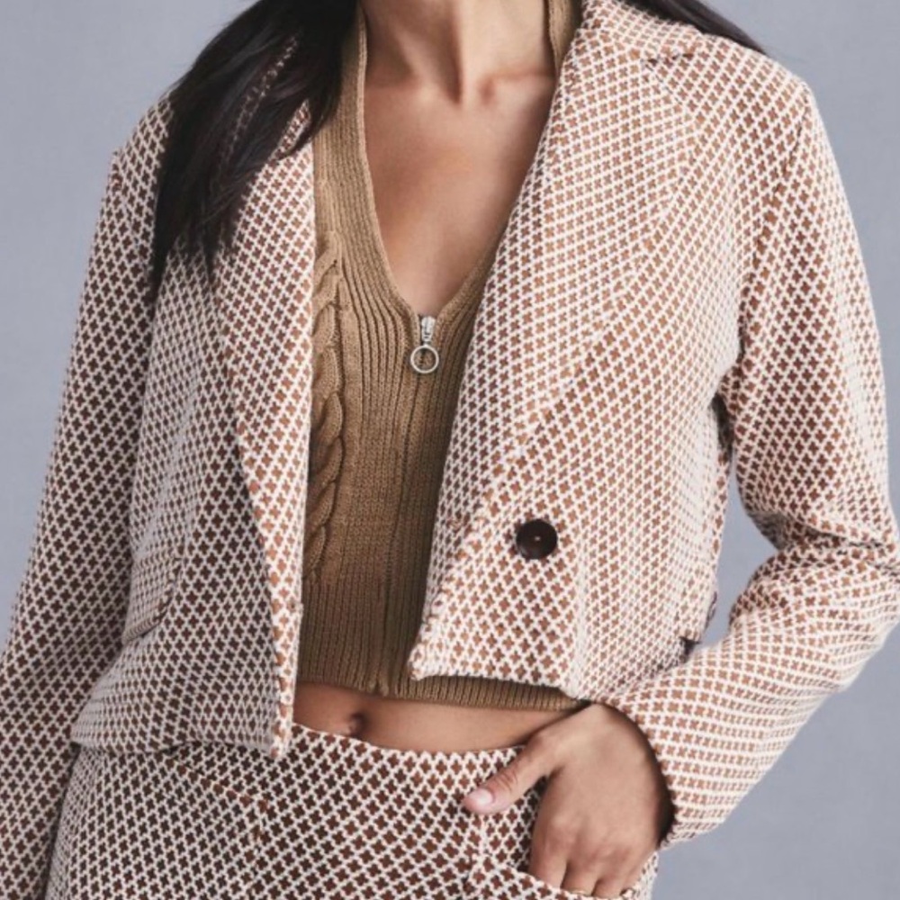 Maeve Anthropologie Cropped Blazer Brown Cream Jacquard Textured Jacket Med